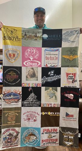 T-shirt quilt with cooking, festivals themes by Claude from TX
