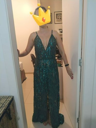 Customer photo review of Polka-dot Print Plunge Neck Satin Maxi Dress
