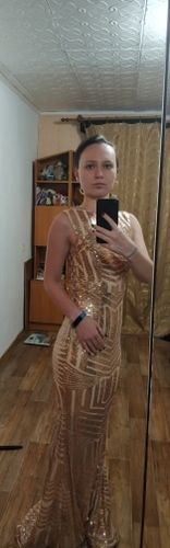 Customer photo review of One Shoulder Split Thigh Cut-out Maxi Dress