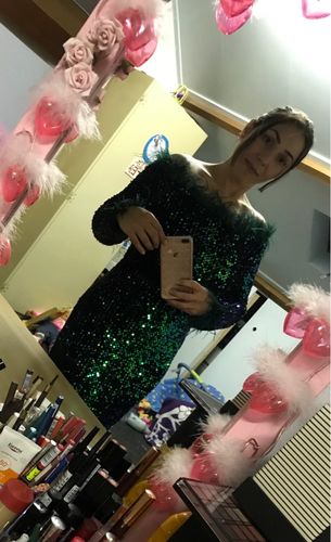 Customer photo review of Off Shoulder Feather Sequin White Maxi Prom Dress