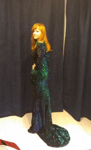 Customer photo review of Off Shoulder Feather Sequin White Maxi Prom Dress