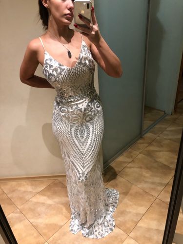 Customer photo review of Silver Sequin Mermaid Backless Maxi Dress