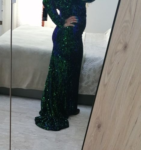 Customer photo review of Off Shoulder Feather Sequin White Maxi Prom Dress