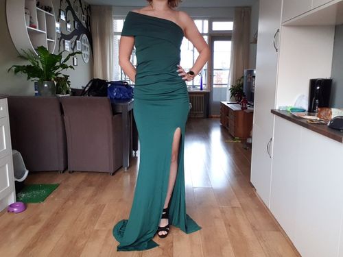 Customer photo review of One Shoulder Split Thigh Long Evening Gown