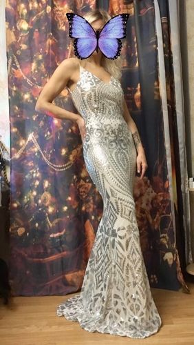 Customer photo review of Silver Sequin Mermaid Backless Maxi Dress