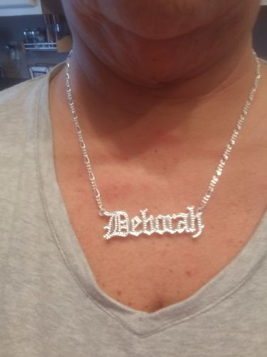 Customer photo review of Double Plated Gothic Angelina Style Name Necklace