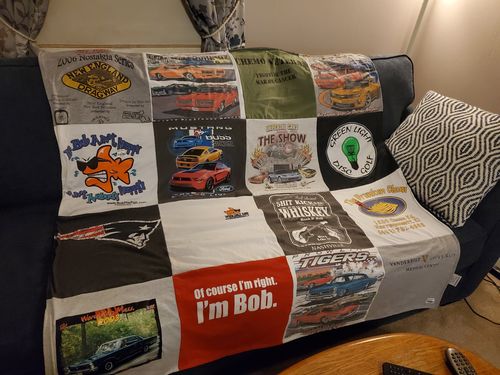 T-shirt quilt with cars, automotive themes by Jane from MA