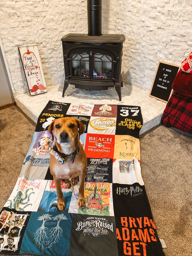 T-shirt quilt with music, swimming themes by Sara from NJ