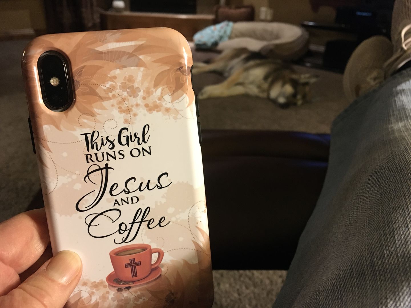 Customer photo review of This girl runs on Jesus and coffee phone case | Christian phone cases