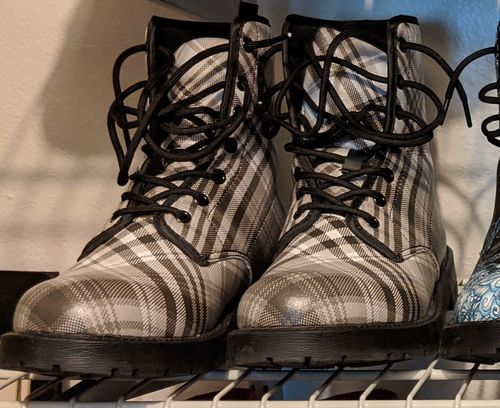 Customer photo review of Handcrafted Grey Plaid Boots.