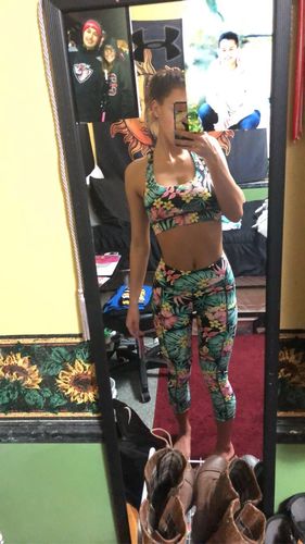 Customer photo review of T-Back Net Insert Gym to Swim Sports Bra - Black Floral