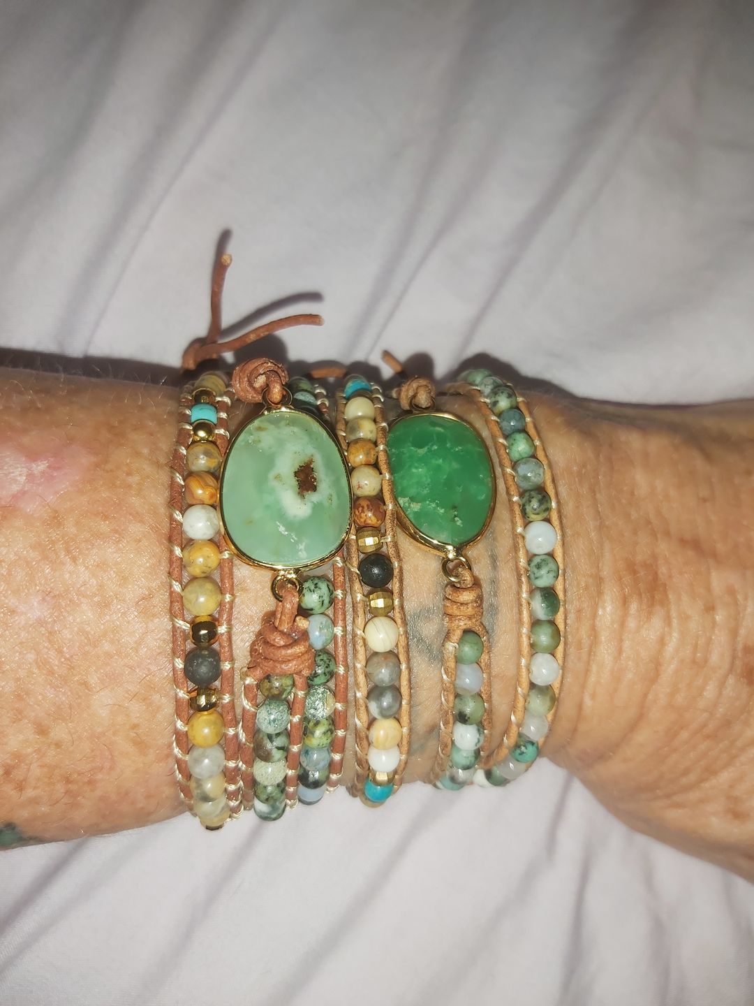 Customer photo review of Natural Green Jade Jasper and Moss Agate Wrap Bracelet