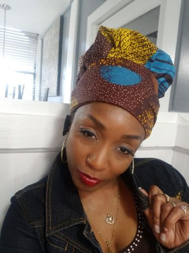 Customer photo review of African Print Head Wrap With Satin-Lined(Brown Speckle) -AW1123
