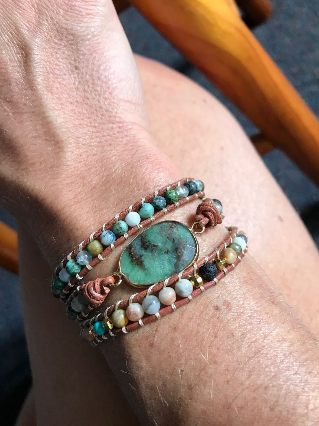 Customer photo review of Natural Green Jade Jasper and Moss Agate Wrap Bracelet