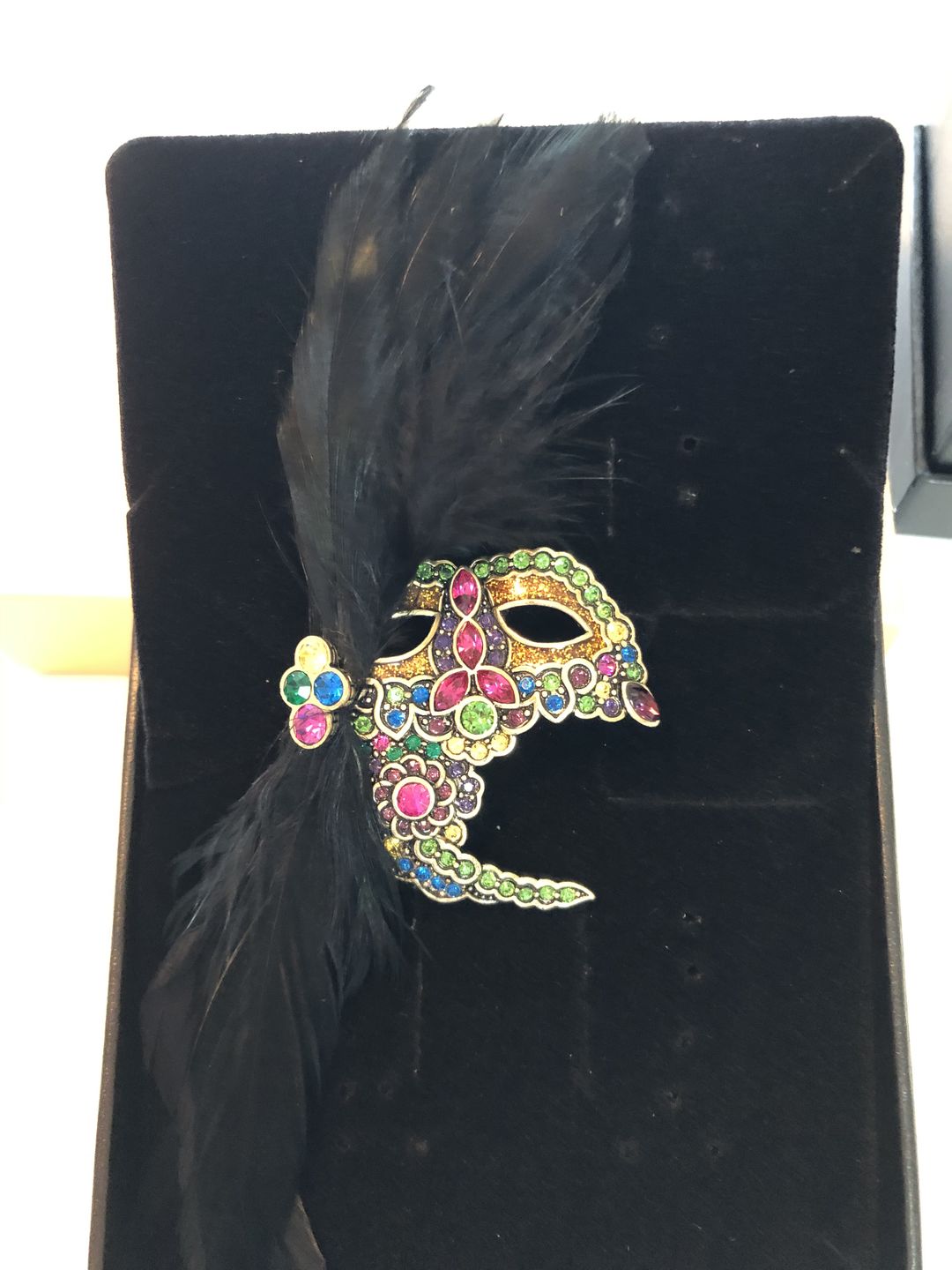 Customer photo review of "Masquerade Ball" Crystal Feather & Masque Gala Pin