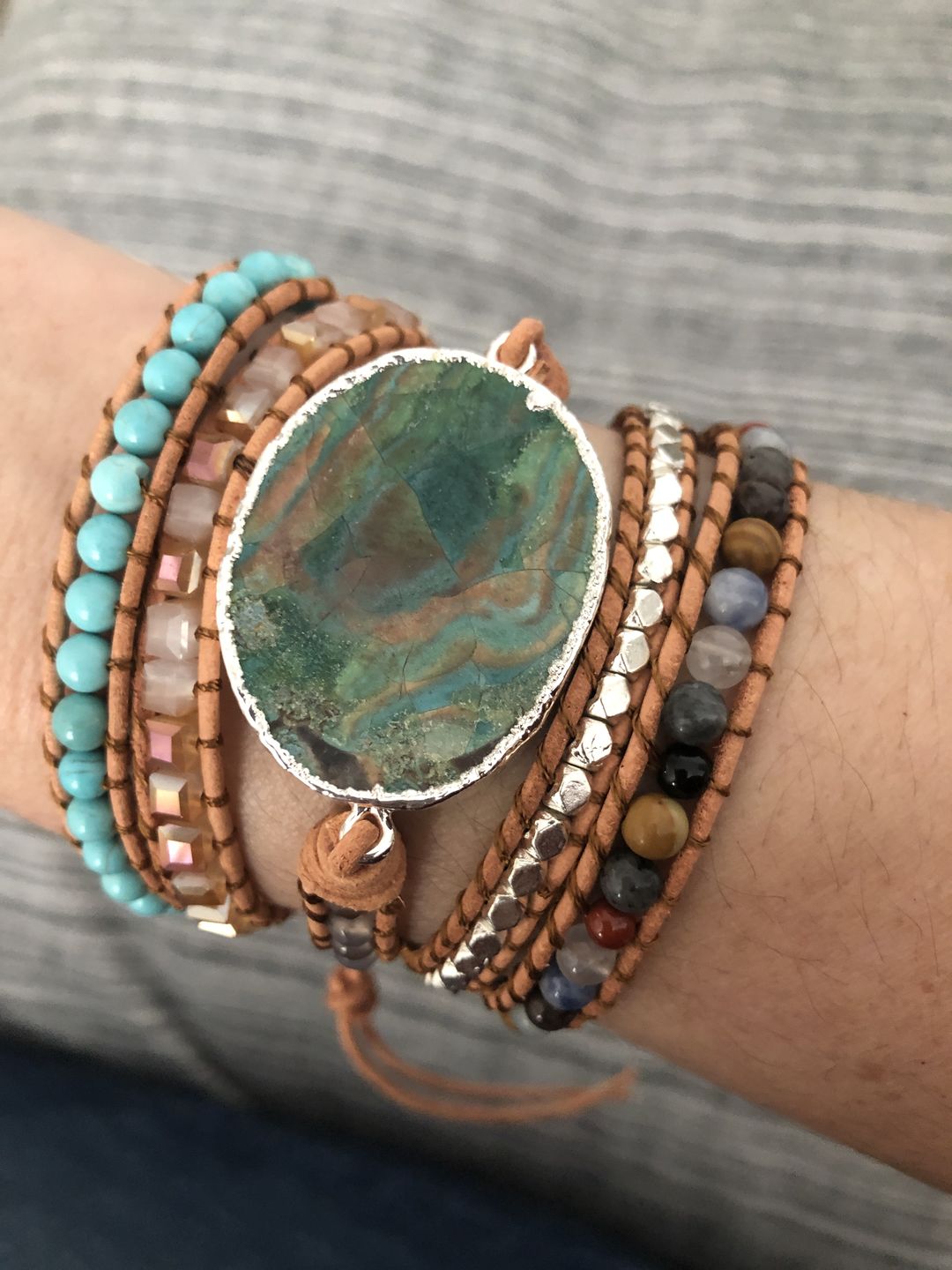 Customer photo review of Handmade Natural Ocean Jasper Leather Wrap Bracelet