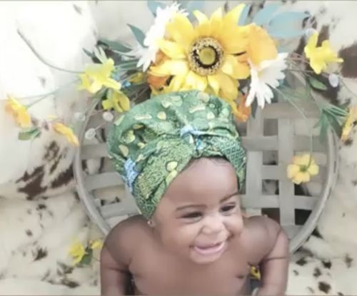 Customer photo review of African Print Head Wrap With Satin-Lined For Girls(Green Fruit)-AW3970