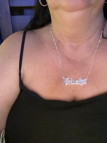 Customer photo review of Double Plated Gothic Angelina Style Name Necklace
