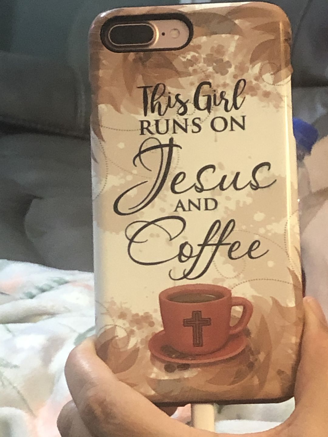 Customer photo review of This girl runs on Jesus and coffee phone case | Christian phone cases