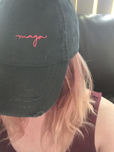 Customer photo review of MAGA Signature Distressed Dad Hat (Pink Edition)