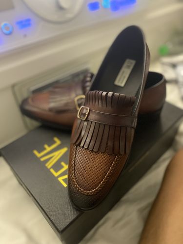 Customer photo review of Fringe Kiltie Loafer - Cognac Tan Woven Leather with Side Buckle (Hand Painted Patina)