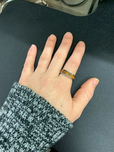 Customer photo review of 6mm Natural Hawaiian Koa Wood Inlaid Tungsten Flat Wedding Ring