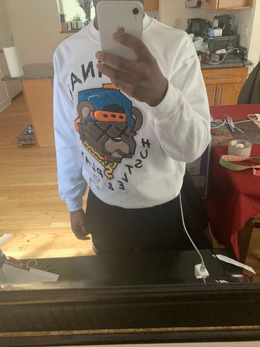 Customer photo review of Embroidered Hustle & Play Bear Fleece Crewneck White (9555CFCH)
