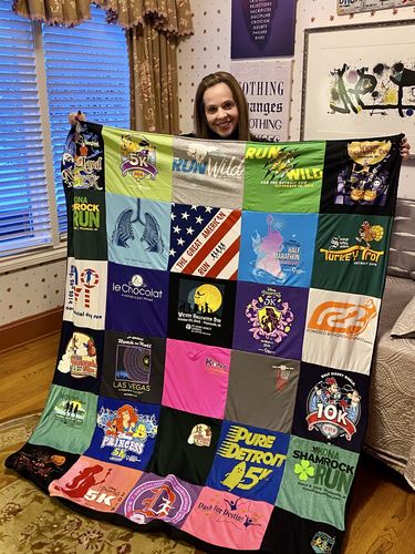 T-shirt quilt with running, fitness themes by Elana from MI
