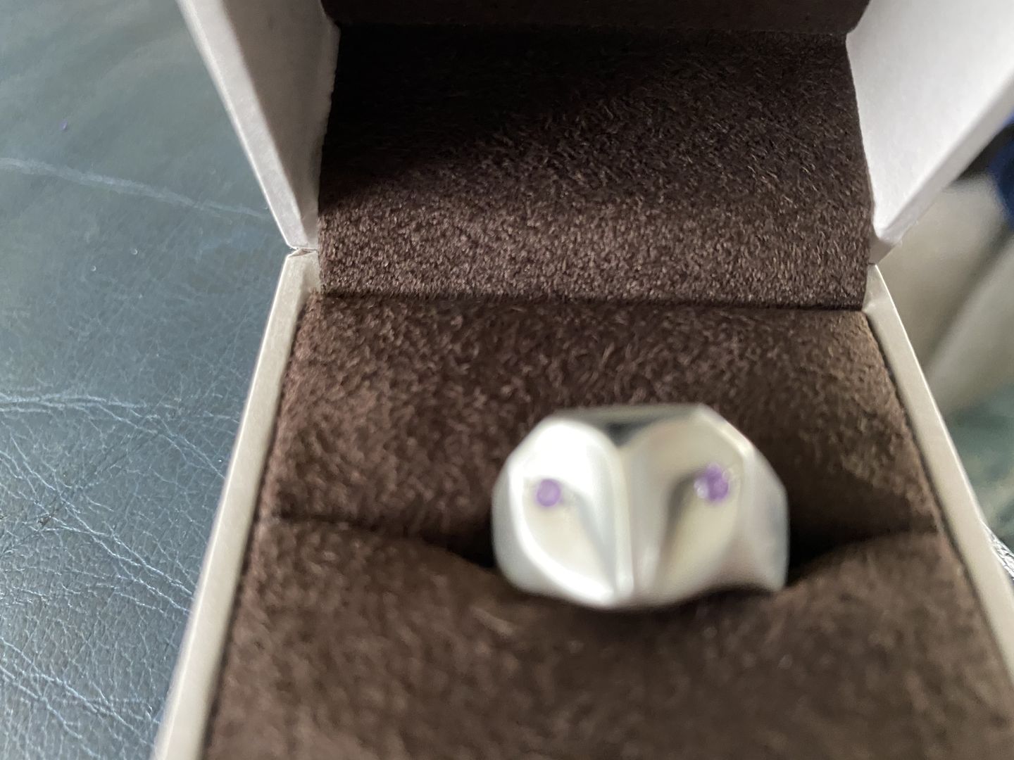 Customer photo review of Owl Ring with Amethyst Eyes