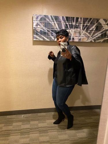 Customer photo review of Faux Leather Cape Blazer