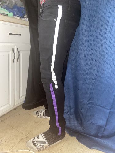 Customer photo review of Painted Side Stripe Denim Track Pants Black - White - Purple (M4695D)