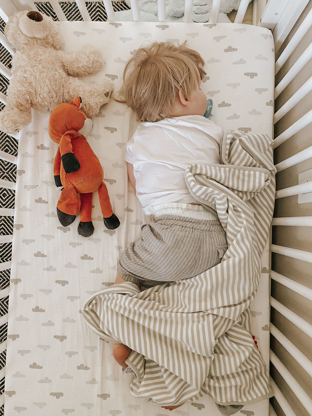 Customer photo review of Toddler Blanket, 4 Season Merino Wool Blanket, 52.5" x 40", Gray Stripes