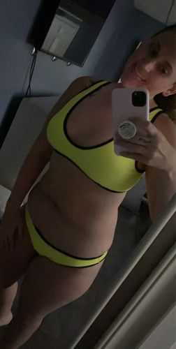 Customer photo review of Piped Cheeky Bikini Bottom - Neon Yellow