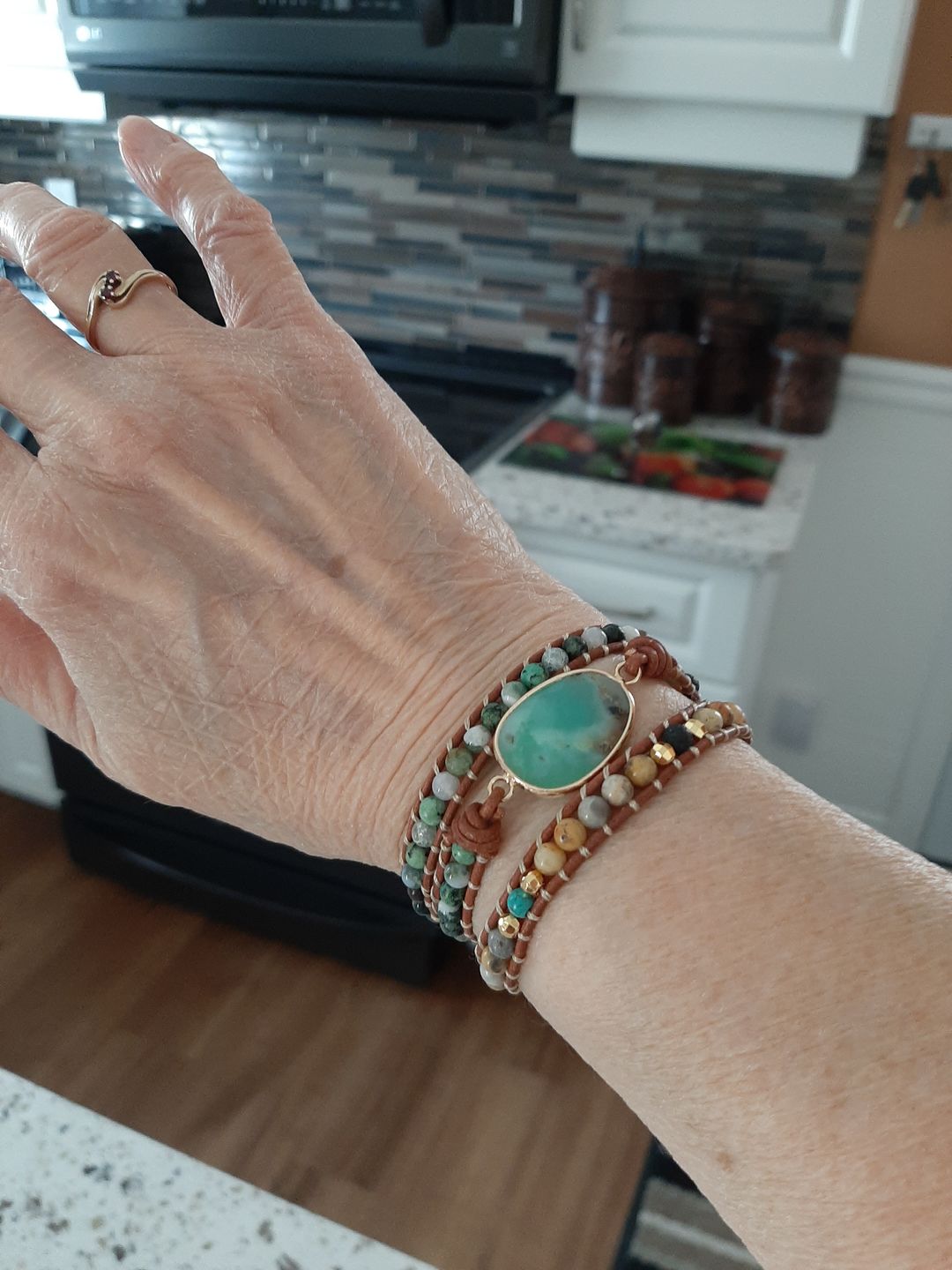 Customer photo review of Natural Green Jade Jasper and Moss Agate Wrap Bracelet