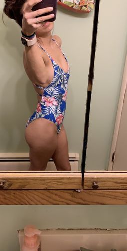 Customer photo review of Cross Back V-Neck One Piece Swimsuit - Electric Blue Tropical