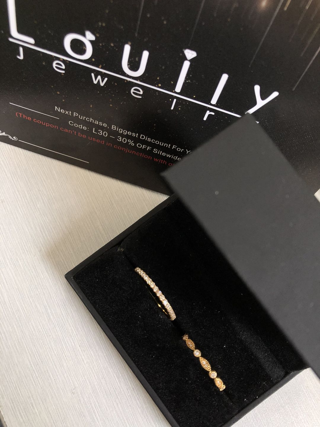 Customer photo review of Louily Yellow Gold Full Eternity Art Deco Stackable Wedding Band Set