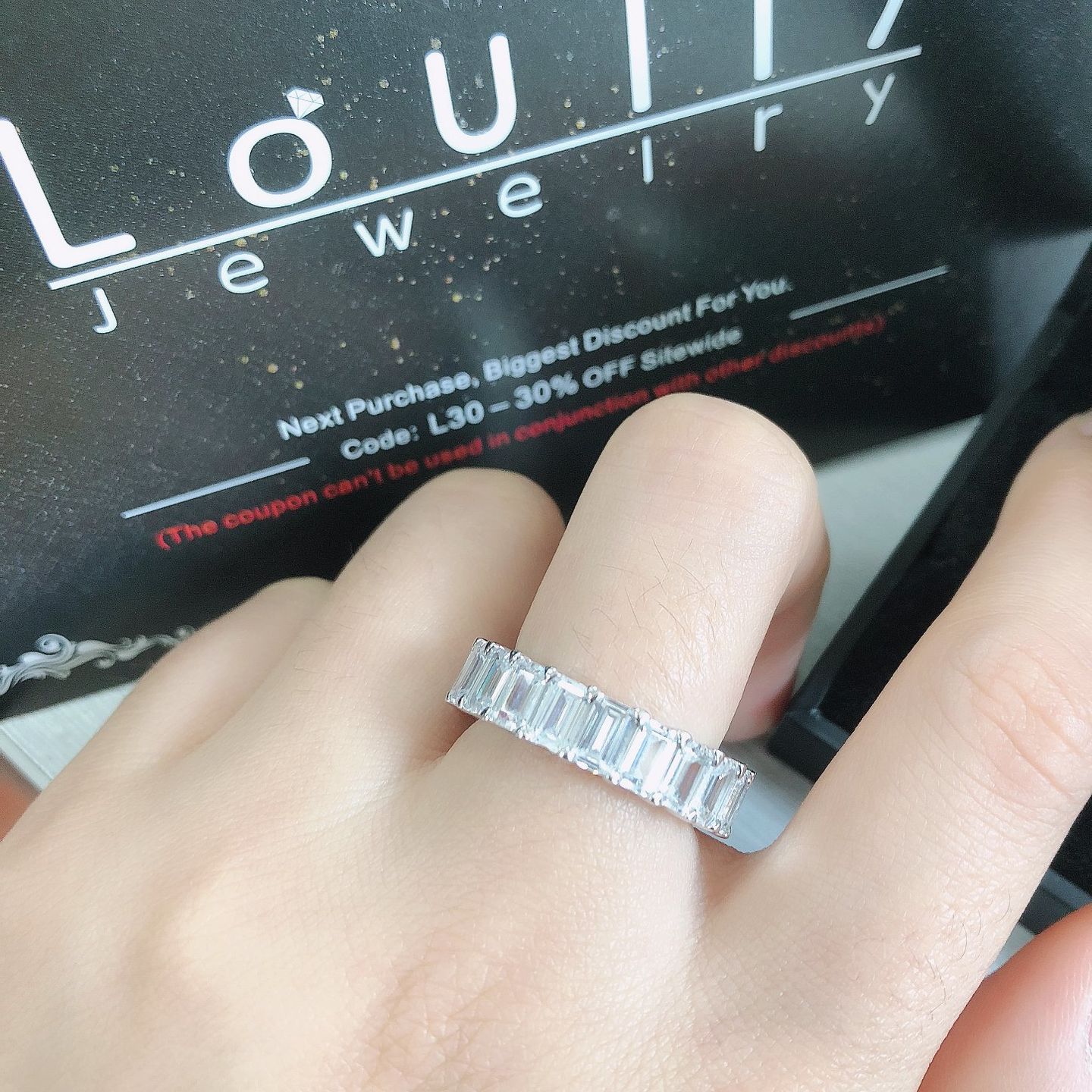 Customer photo review of Louily Eternity 5 Ct Emerald Cut Women's Wedding Band In Sterling Silver