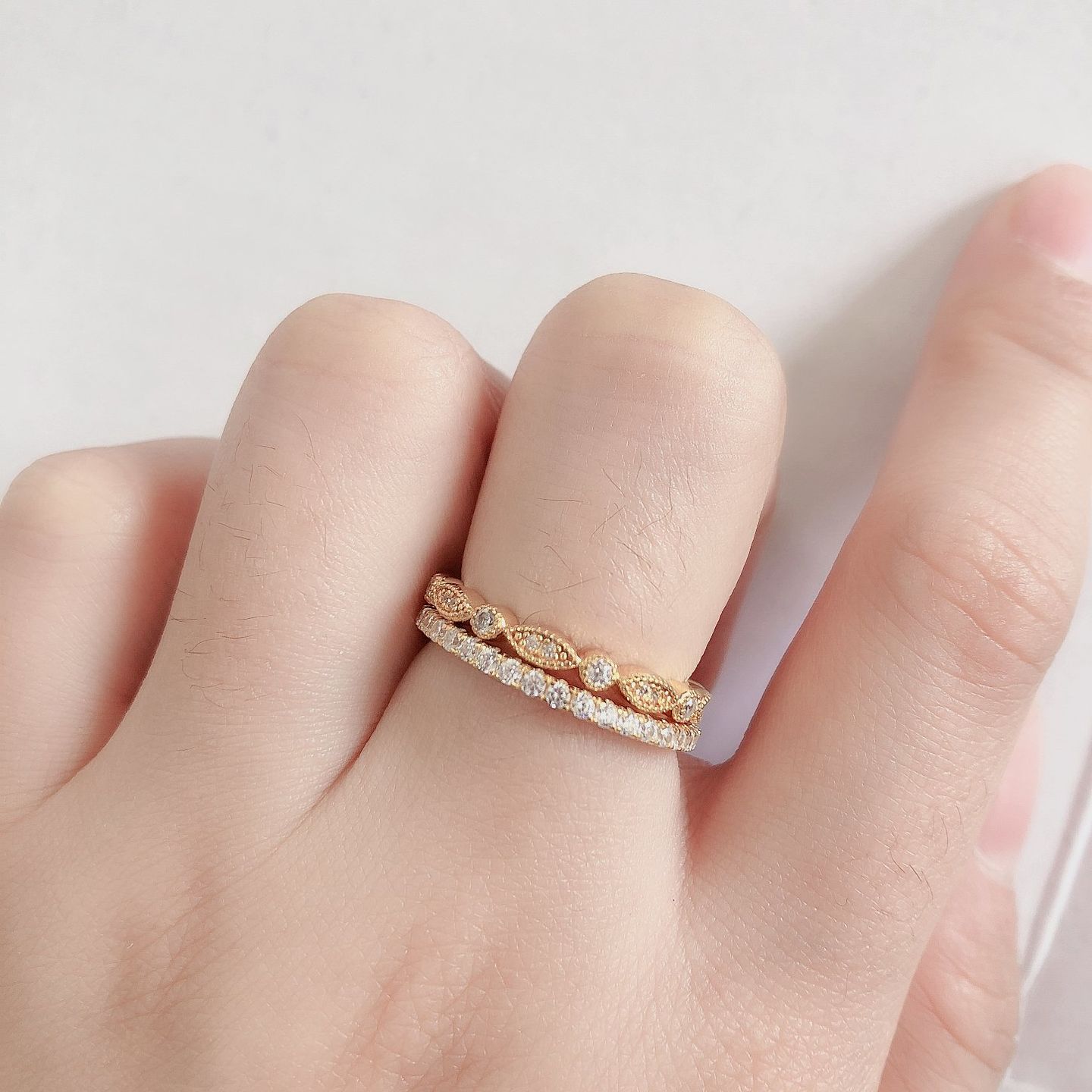 Customer photo review of Louily Yellow Gold Full Eternity Art Deco Stackable Wedding Band Set