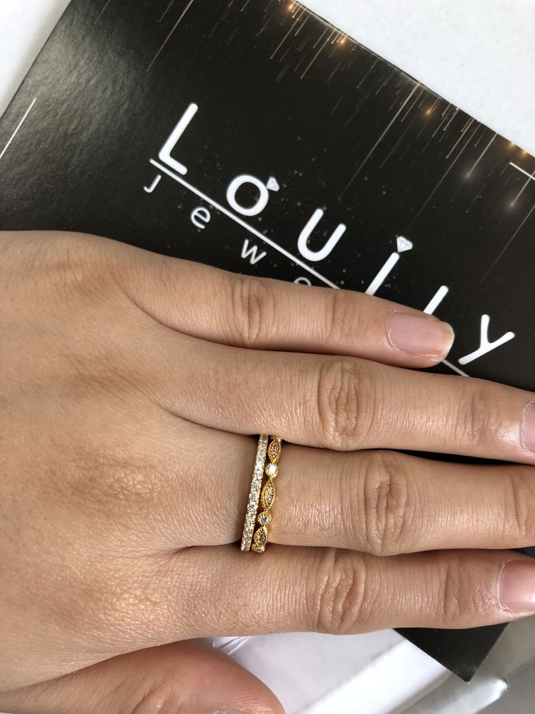 Customer photo review of Louily Yellow Gold Full Eternity Art Deco Stackable Wedding Band Set