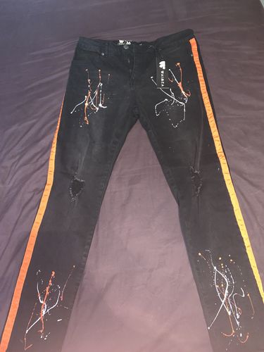 Customer photo review of Side Stripe Paint Splatter Skinny Fit Denim Black - Orange (M4825D)