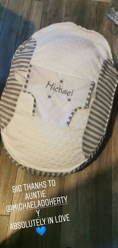Customer photo review of Personalised White Bubble Fleece And Grey Stripe Baby Bean Bag