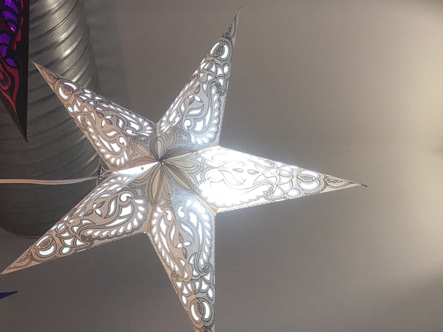 Customer photo review of BLOWOUT 24" White Gray Alaskan Silver Glitter Paper Star Lantern, Hanging Decoration