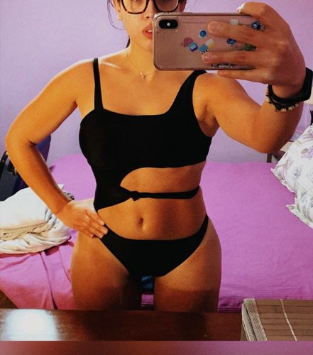 Customer photo review of Spaghetti Strap Solid Cutout One Piece Swimwear