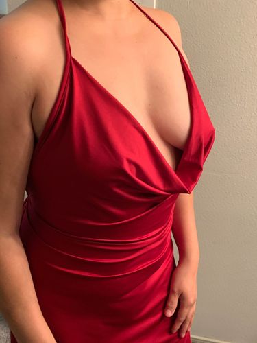 Customer photo review of Drape Neck Open Back Side Slit Party Dress