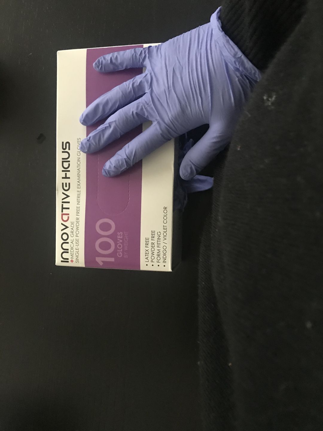 Customer photo review of Innovative Haus™ Nitrile Gloves |  Powder Free | Latex Free | Indigo Color | Box of 100