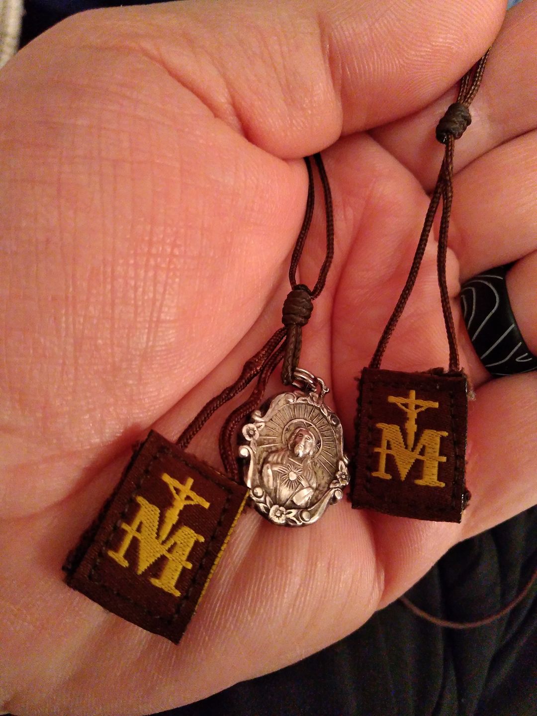 Customer photo review of Premium Brown Scapular, Brown & Gold (Mini)