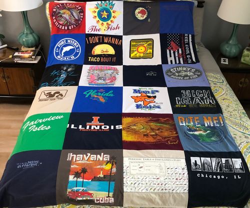 T-shirt quilt with fishing, traveling themes by Kathleen from FL