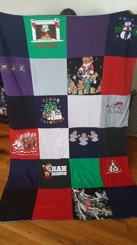 T-shirt quilt with holiday celebrations, christmas traditions themes by Kristi from CO