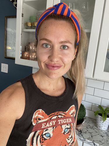 Customer photo review of BLUE & ORANGE STRIPED JERSEY HEADBAND