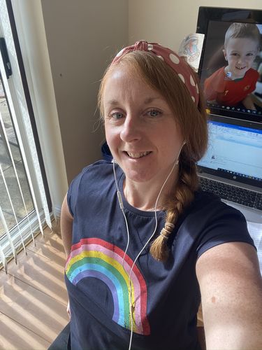 Customer photo review of Navy Organic Cotton Distressed Rainbow T-Shirt